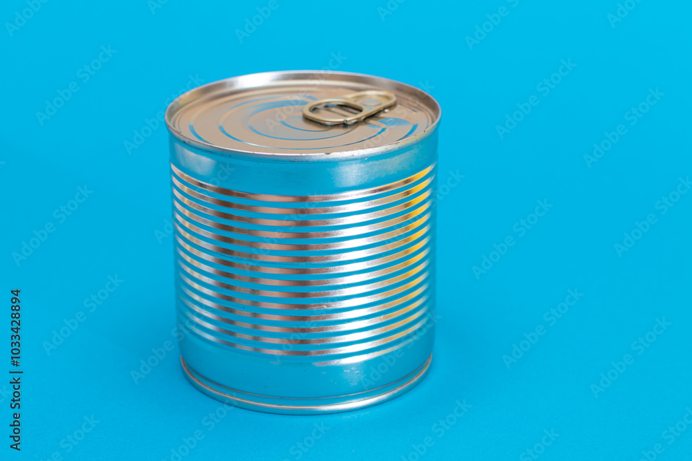Tin Can on Blue Background. Canned Food. Aluminum Can for Safe and Long Term Storage of Food. Steel Sealed Food Storage Container Tin Can on Blue Background. Canned Food. Aluminum Can for Safe and Long Term Storage of Food. Steel Sealed Food Storage Container