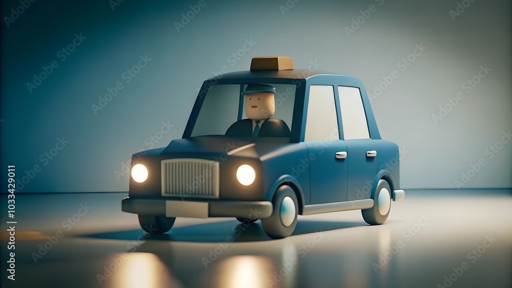 3D cartoon-style taxi cab with a driver in a minimalistic setting 3D cartoon-style taxi cab with a driver in a minimalistic setting