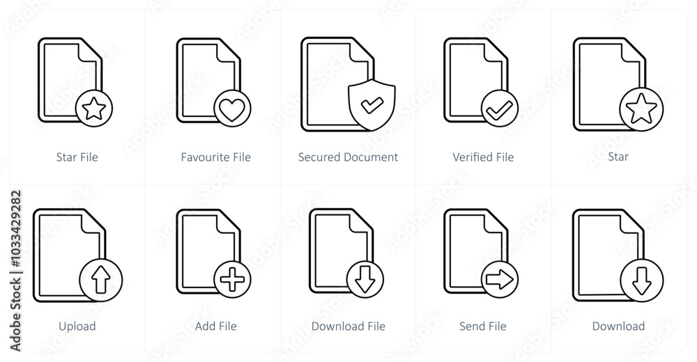 A set of 10 file icons as star file, favorite file, secured document A set of 10 file icons as star file, favorite file, secured document