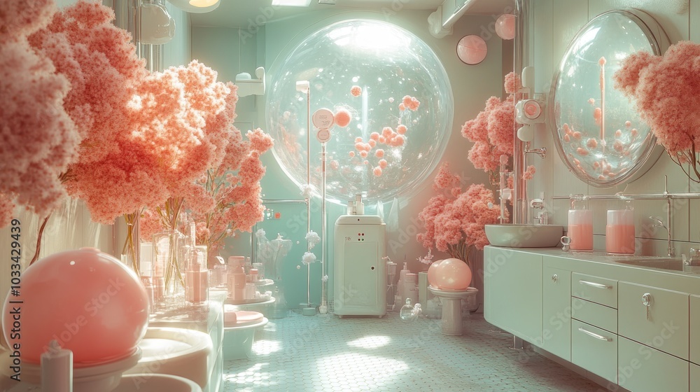 A whimsical laboratory filled with pink flora and futuristic elements. A whimsical laboratory filled with pink flora and futuristic elements.