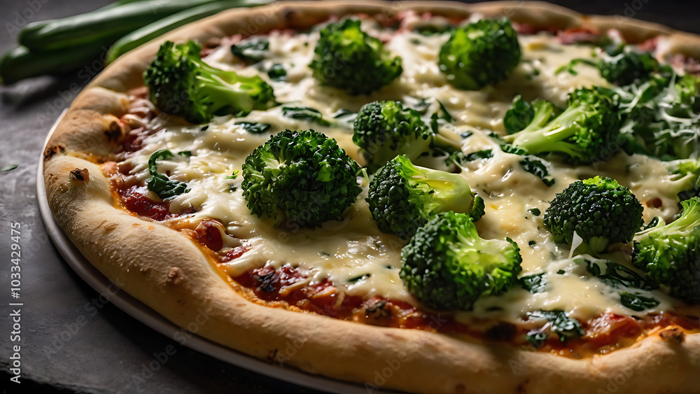 A healthy pizza with a cauliflower crust, topped with fresh green vegetables like spinach, zucchini, and broccoli, with cheese melting on top. A healthy pizza with a cauliflower crust, topped with fresh green vegetables like spinach, zucchini, and broccoli, with cheese melting on top.