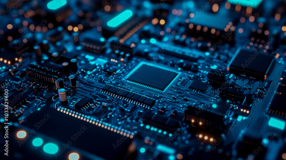 A circuit board with blue and teal chips, showcasing the advanced technology behind computer hardware. A circuit board with blue and teal chips, showcasing the advanced technology behind computer hardware.