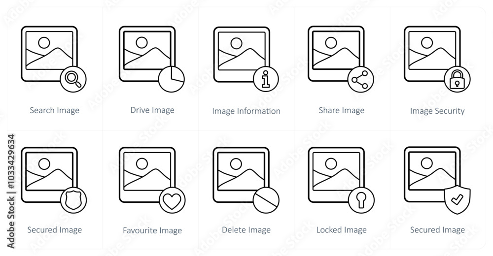 A set of 10 image icons as search image, drive image, image information A set of 10 image icons as search image, drive image, image information