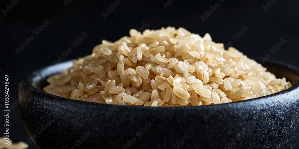 Nutritious food. Dish of brown rice grains against a black backdrop. Nutritious food. Dish of brown rice grains against a black backdrop.
