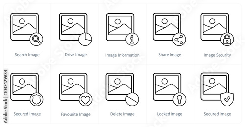 A set of 10 image icons as search image, drive image, image information