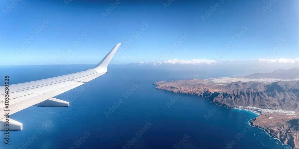 View from an airplane of the white wing flying over an ocean landscape in the bright morning. Concept of air travel and transportation. View from an airplane of the white wing flying over an ocean landscape in the bright morning. Concept of air travel and transportation.