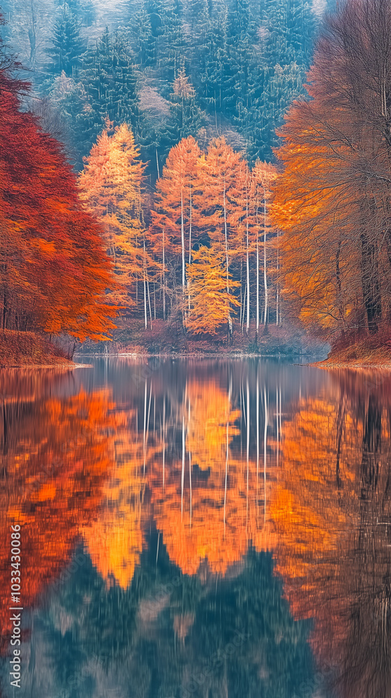 Obraz premium Serene Lake Surrounded by Vibrant Autumn Trees with Stunning Reflections