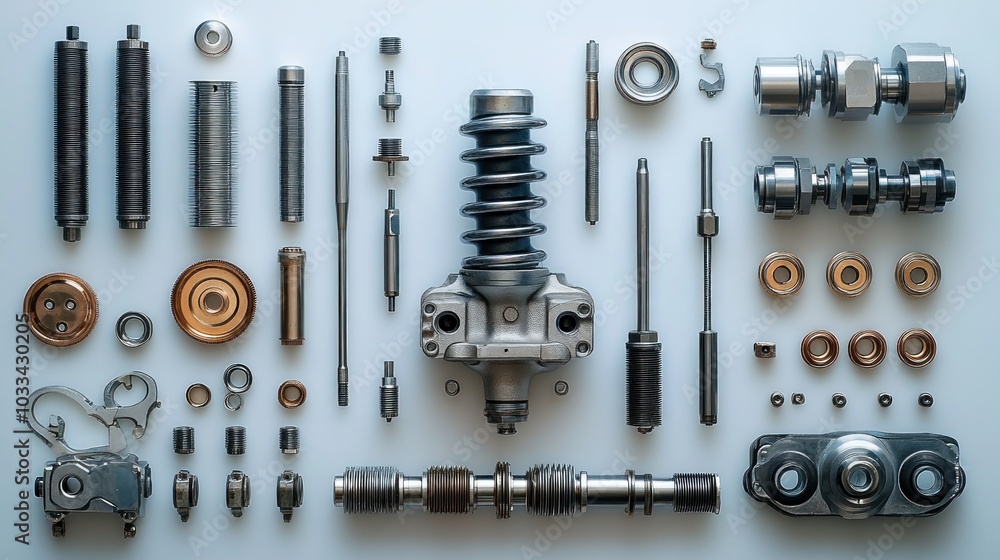 Assorted automotive engine components arranged for analysis. Assorted automotive engine components arranged for analysis.