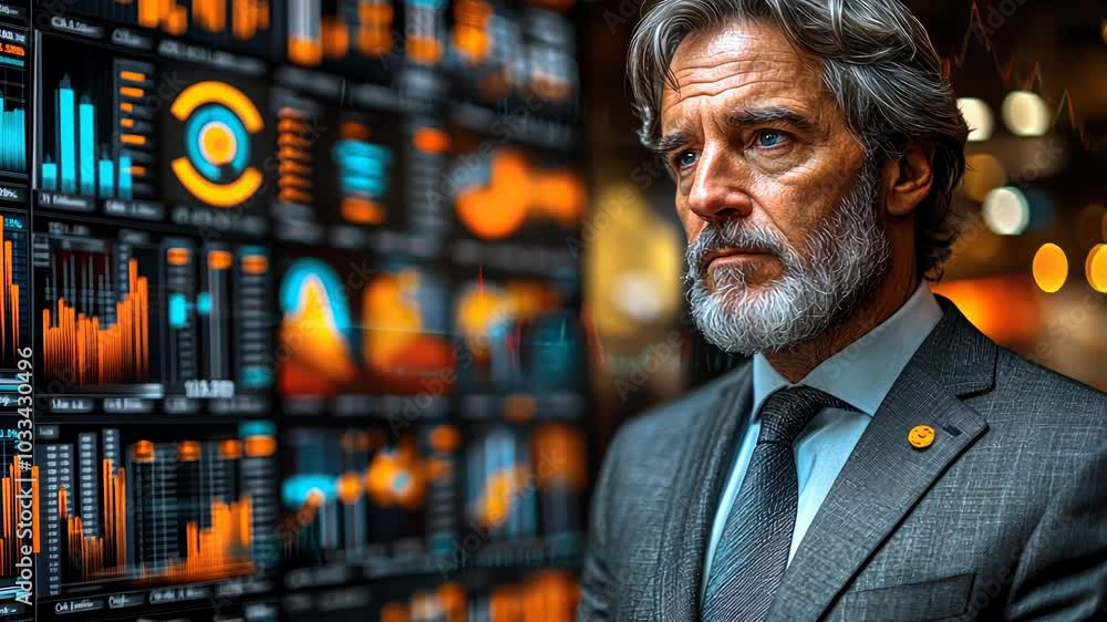 A seasoned expert closely examines data charts and financial indicators while strategizing for market opportunities in a contemporary office A seasoned expert closely examines data charts and financial indicators while strategizing for market opportunities in a contemporary office
