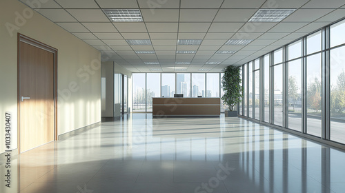 An empty office space with large windows, light gray floor tiles, and a white ceiling