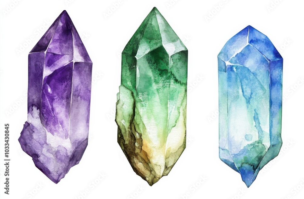 Fototapeta premium Colorful watercolor crystals showcasing vibrant hues and unique shapes on a bright background