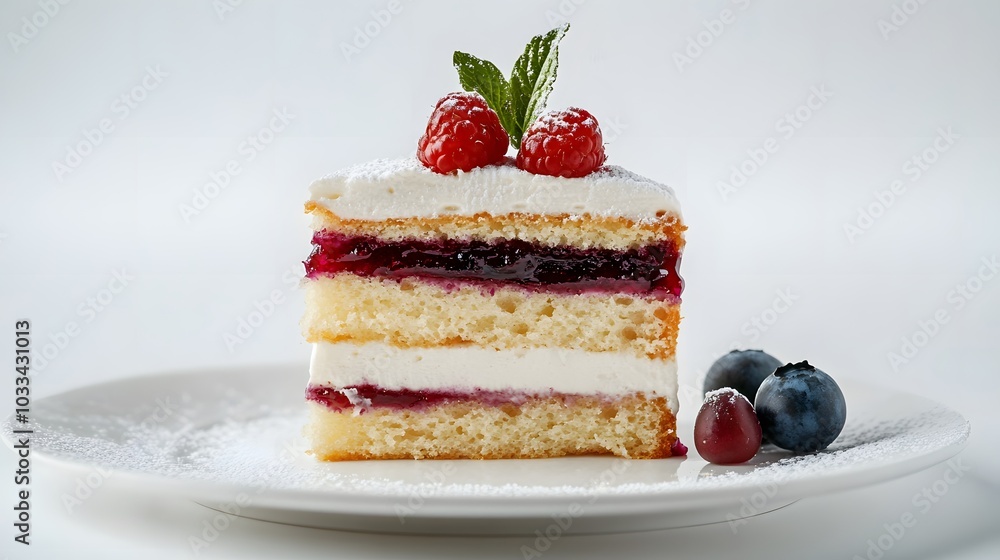 Homemade cake with souffle cream and blueberry jam isolated on white background. Homemade cake with souffle cream and blueberry jam isolated on white background.