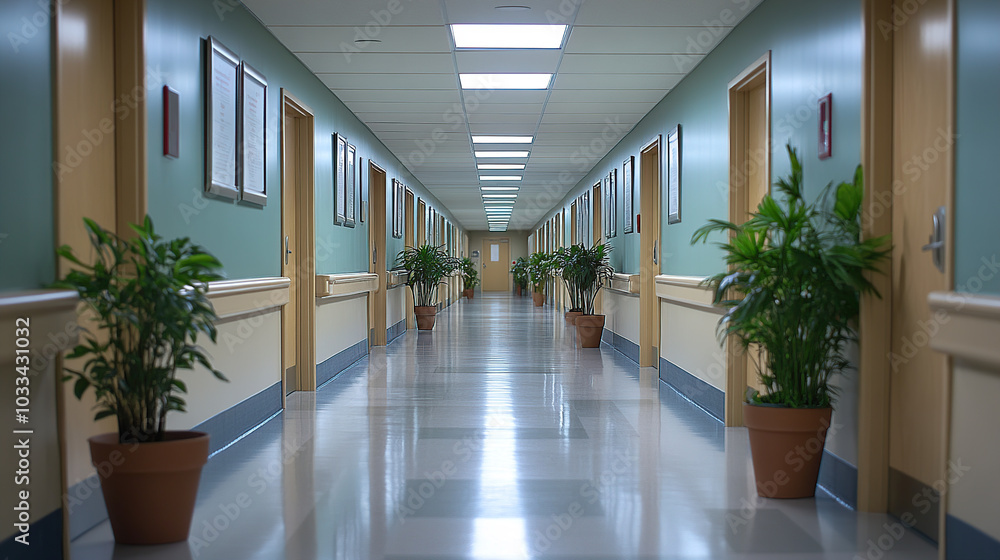 Photo of a hospital hallway with potted plants and doors, taken with a wide-angle lens