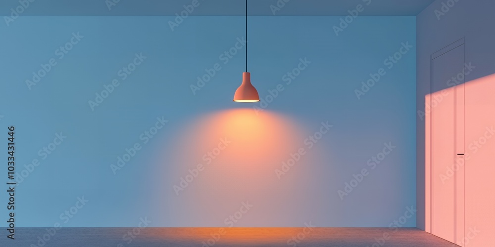 A single lightbulb illuminates a room with a door.