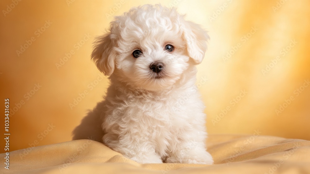 Cute fluffy puppy with soft white fur on golden background Cute fluffy puppy with soft white fur on golden background