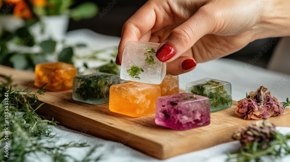 A collection of colorful ice cubes, infused with herbs and flowers, elegantly arranged on a cutting board, showcasing a blend of nature and art. A collection of colorful ice cubes, infused with herbs and flowers, elegantly arranged on a cutting board, showcasing a blend of nature and art.