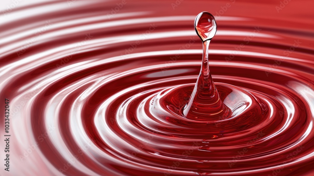 Red Water Drop Creating Ripples in Fluid Surface Red Water Drop Creating Ripples in Fluid Surface