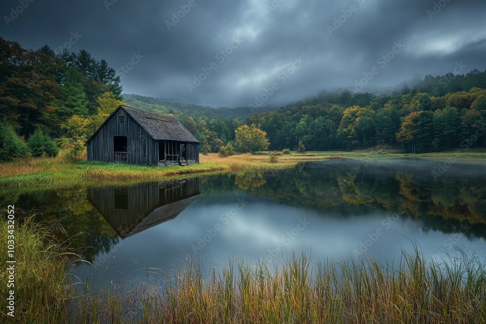 A rustic wooden cabin sits on the edge of a still lake, surrounded by trees and a misty, moody sky. A rustic wooden cabin sits on the edge of a still lake, surrounded by trees and a misty, moody sky.