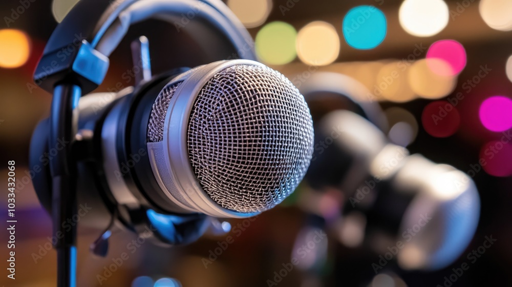 Close-up of Microphone with Headphones Background Close-up of Microphone with Headphones Background