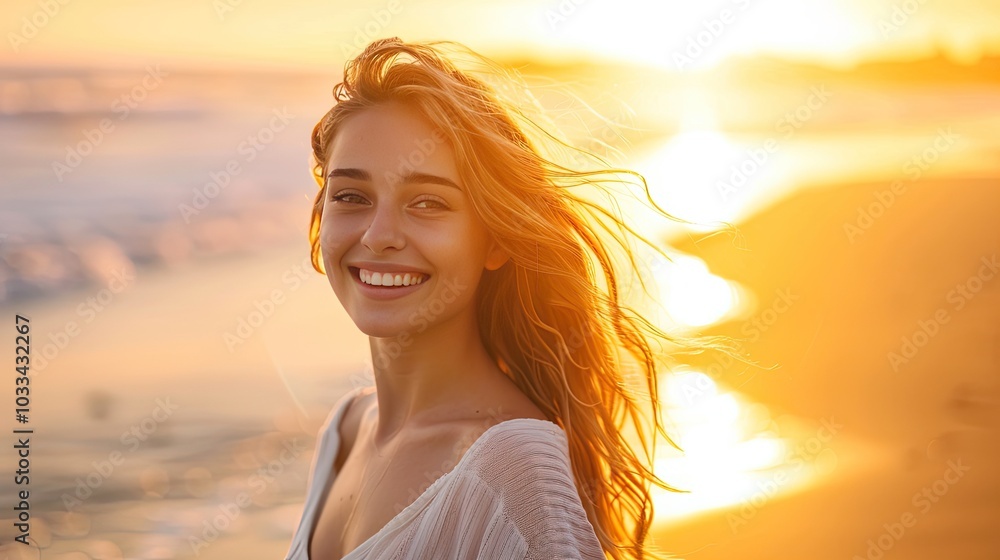 A photograph of a smiling young woman vibrant flowers, standing in a sunlit garden A photograph of a smiling young woman vibrant flowers, standing in a sunlit garden