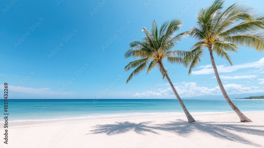 Serene Tropical Beach with Palm Trees and Clear Blue Sky Serene Tropical Beach with Palm Trees and Clear Blue Sky