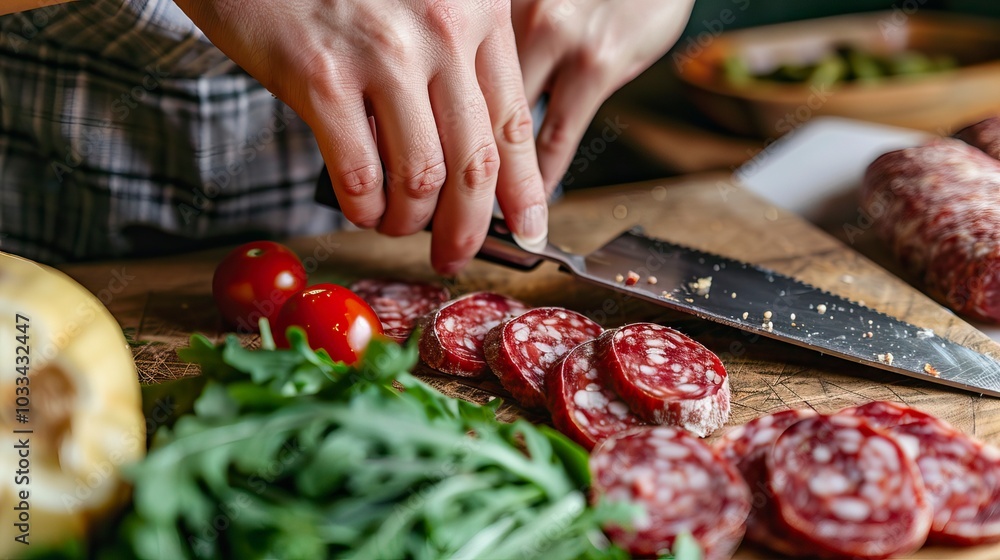 Woman is cooking in home kitchen. Female hands cut salami, vegetables, greens, tomatoes on table on wooden boards Woman is cooking in home kitchen. Female hands cut salami, vegetables, greens, tomatoes on table on wooden boards