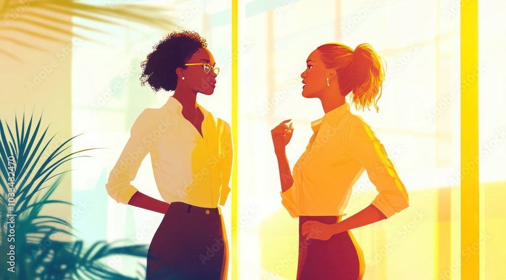 Two women engaging in a thoughtful conversation in a brightly lit office space during daylight hours Two women engaging in a thoughtful conversation in a brightly lit office space during daylight hours