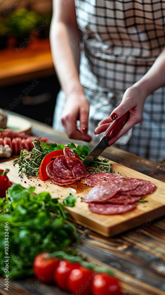 Woman is cooking in home kitchen. Female hands cut salami, vegetables, greens, tomatoes on table on wooden boards Woman is cooking in home kitchen. Female hands cut salami, vegetables, greens, tomatoes on table on wooden boards