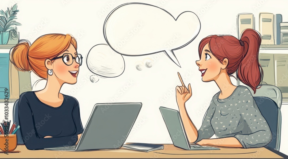 Two friends have a lively conversation while working on laptops in a bright office setting during a productive afternoon Two friends have a lively conversation while working on laptops in a bright office setting during a productive afternoon
