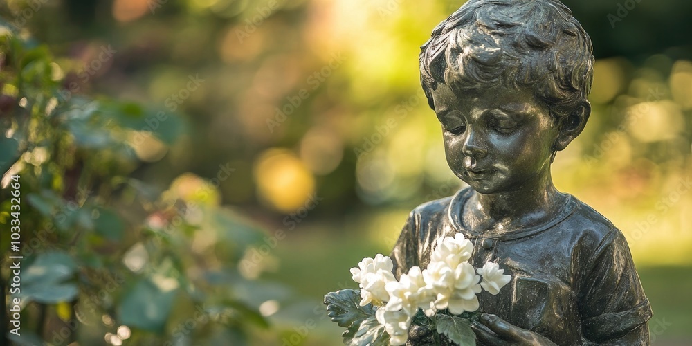 Blurry image of a sculpture depicting a young boy holding white flowers, set against an English garden backdrop with copyspace. Blurry image of a sculpture depicting a young boy holding white flowers, set against an English garden backdrop with copyspace.