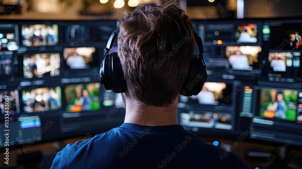 Man Monitors Multiple Screens in a Creative Workspace Man Monitors Multiple Screens in a Creative Workspace