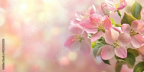 Spring blossom. Springtime apple flowers, pink floral background, soft and pastel card, selective focus, copy space for text.