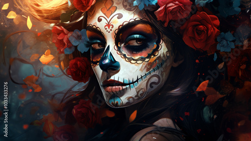 Sugar skull woman portrait with skull make up. Dia de los muertos. Day of The Dead.