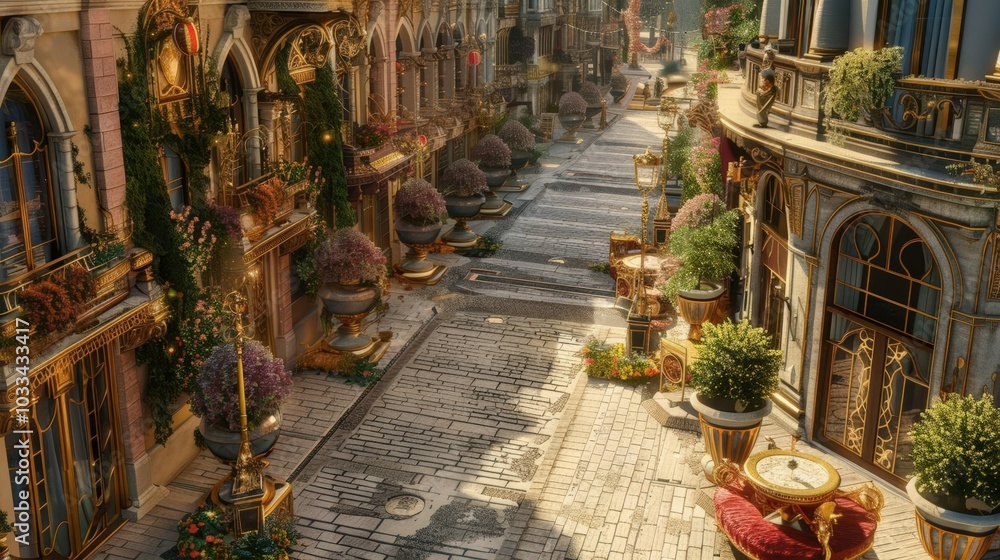 Capture a birds-eye view of a surreal street lined with opulent elements like gilded lampposts Capture a birds-eye view of a surreal street lined with opulent elements like gilded lampposts