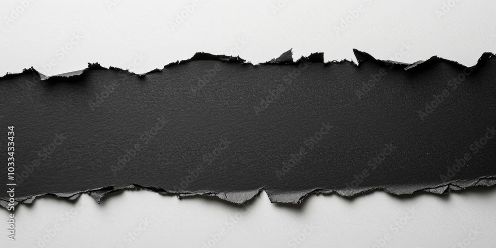 Fototapeta premium Black paper with ripped edges set against a white paper background. The texture of the paper is good.