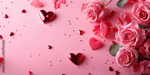 Romantic pink backdrop featuring roses and hearts, Valentine's Day festivities, symbols of love, top view, copy space for text.