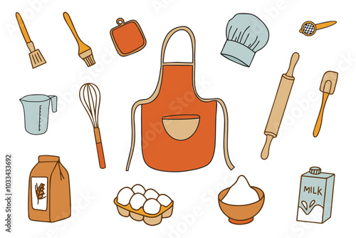 Colorful Collection of Baking Accessories. Set of Kitchen Accessories for Cooking in Doodle Style on White Background. Vector