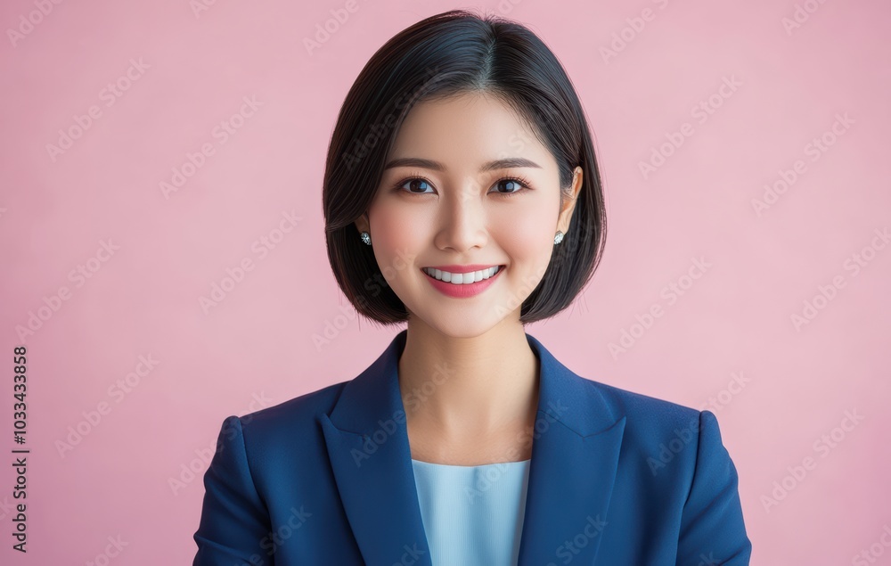 young Japanese woman in business attire stands with confidence against a pastel pink background, her posture and expression emphasizing a balance of professionalism. young Japanese woman in business attire stands with confidence against a pastel pink background, her posture and expression emphasizing a balance of professionalism.
