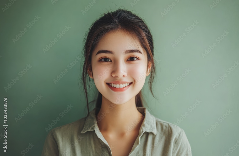 Fototapeta premium A young woman with a gentle smile poses confidently in front of a soft green background. The image highlights simplicity, elegance, and natural beauty.