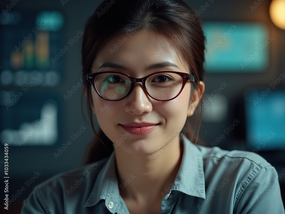 Portrait of woman wearing glasses looks intently at a computer screen displaying graphs and charts, likely analyzing financial data or market trend Portrait of woman wearing glasses looks intently at a computer screen displaying graphs and charts, likely analyzing financial data or market trend