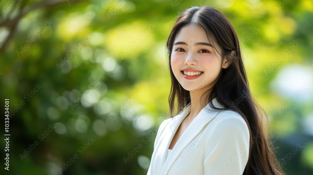 Woman in a white business suit is smiling confidently while standing outdoors. Background is soft blur of green trees and natural light, creating calm and professional atmosphere. Woman in a white business suit is smiling confidently while standing outdoors. Background is soft blur of green trees and natural light, creating calm and professional atmosphere.