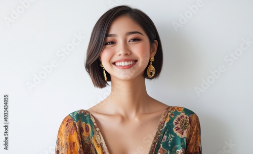 A young woman smiles while wearing traditional Asia attire, featuring intricate patterns and golden accessories. The soft background highlights her elegance and cultural beauty. photo