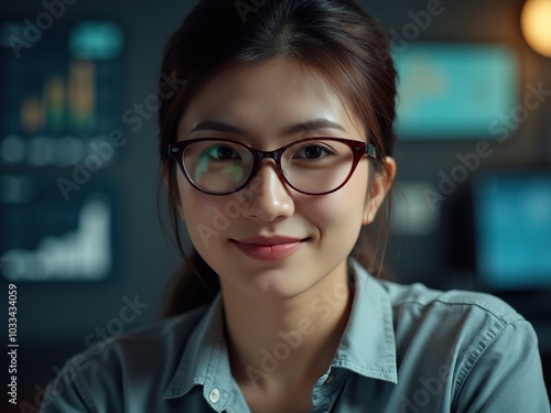 Portrait of woman wearing glasses looks intently at a computer screen displaying graphs and charts, likely analyzing financial data or market trend