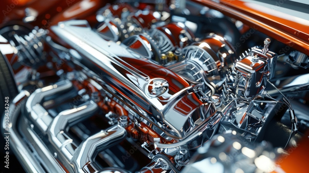 Capture the intricate details of automotive parts in a wide-angle view, highlighting textures, reflections, and shapes using photorealistic digital techniques Capture the intricate details of automotive parts in a wide-angle view, highlighting textures, reflections, and shapes using photorealistic digital techniques