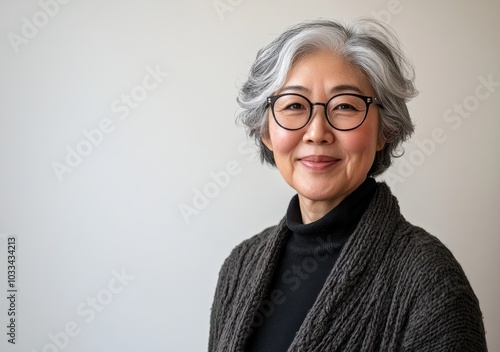 A senior Asian woman, aged 50-70, dressed in cultural attire, stands confidently against a soft gray backdrop, showcasing her timeless elegance in a studio setting.