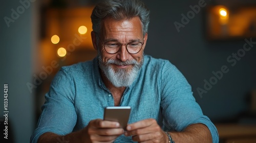 An older man with a friendly smile and spectacles glances down at his phone in a warmly lit room, capturing a moment of joy and digital connection. photo