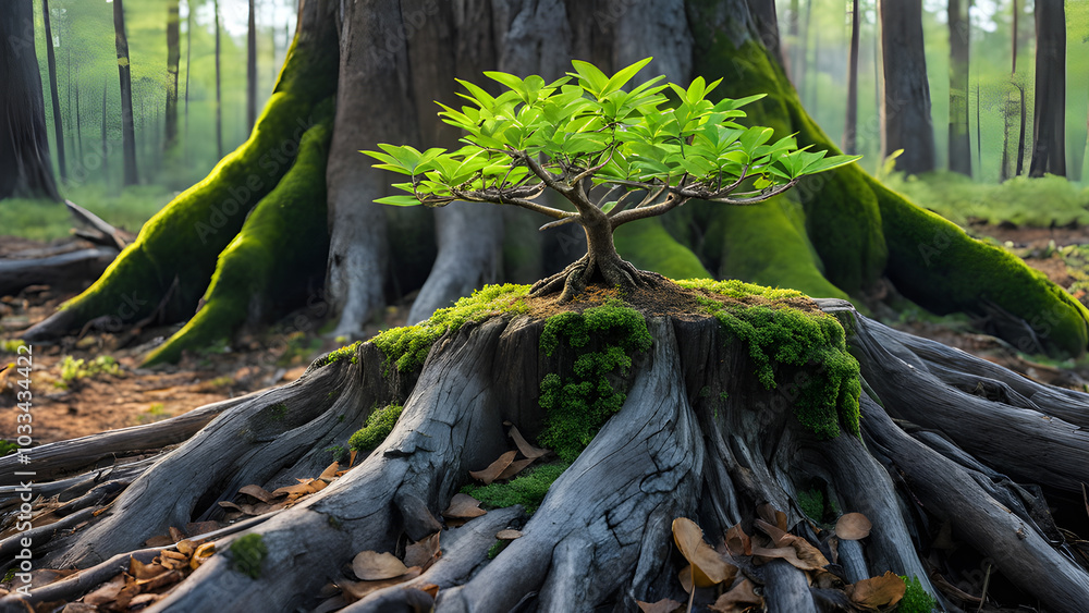 Tree in the middle of the forest with moss and ferns Tree in the middle of the forest with moss and ferns