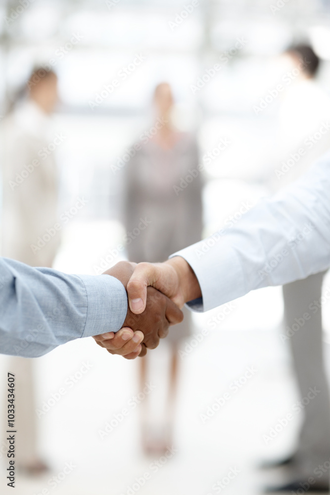 Business, people and handshake at office with deal for partnership, teamwork and collaboration. Closeup, employees and negotiation with unity for contract, agreement and company merge or opportunity Business, people and handshake at office with deal for partnership, teamwork and collaboration. Closeup, employees and negotiation with unity for contract, agreement and company merge or opportunity