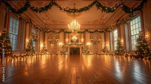 Wallpaper Mural Luxuriously Decorated Christmas Ballroom Interior with Sparkling Chandeliers Ornate Fireplace and Festive Garlands Torontodigital.ca