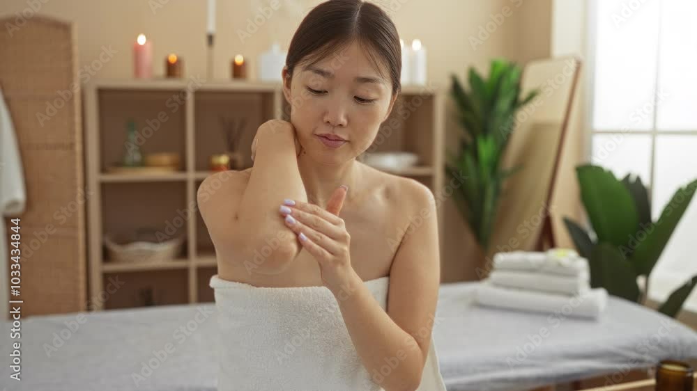 Woman applying lotion to her elbow in a spa room with candles and plants in the background, in a serene wellness setting in china Woman applying lotion to her elbow in a spa room with candles and plants in the background, in a serene wellness setting in china